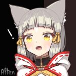  ! 1girl alten animal_ears bangs blunt_bangs cat_ears commentary english_commentary facial_mark highres hololive meme nia_(xenoblade) parody shirakami_fubuki short_hair silver_hair solo xenoblade_chronicles_(series) xenoblade_chronicles_2 yellow_eyes zooming_in 