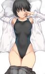  1girl amagami bangs bed black_hair black_swimsuit breasts closed_mouth commentary_request competition_swimsuit covered_navel hand_on_own_face highres looking_at_viewer lying medium_breasts nanasaki_ai on_back one-piece_swimsuit pillow purple_eyes school_uniform serizawa_(serizawaroom) short_hair smile solo swimsuit 