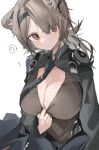  ? absinthe_(arknights) animal_ears arknights bear_ears black_hairband black_necktie blush brown_hair brown_shirt closed_mouth clothes_pull eyebrows_visible_through_hair eyes_visible_through_hair flying_sweatdrops hair_over_one_eye hairband highres long_hair looking_at_viewer low_ponytail mikojin necktie necktie_aside no_bra pulled_by_self red_eyes shirt shirt_pull simple_background speech_bubble spoken_question_mark sweat upper_body white_background 