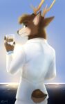  absurd_res alcohol anthro antlers beverage blue_eyes brown_body brown_fur cervid cervine clothing container content_smile cup depth_of_field drinking_glass elk fingers fluffy fur glass glass_container glass_cup hako_frost head_tuft hi_res hooved_fingers hooves horn lake looking_at_viewer looking_back male mammal neck_tuft scut_tail shoreline short_tail solo suit sunset tomiwoof tuft white_suit 