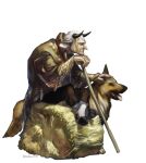  1boy animal_ears brown_robe cane closed_mouth dog from_side grey_hair headpat holding holding_cane horns male_focus mullmull02 old old_man original petting profile simple_background sitting solo twitter_username white_background 