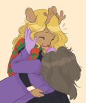  anthro antlers blonde_hair blush brown_hair capreoline cervid clothing deltarune duo embrace eyes_closed face_lick female female/female ffloofball hair hi_res horn hug kissing licking mammal noelle_holiday reindeer scalie simple_background susie_(deltarune) sweater tongue tongue_out topwear undertale_(series) video_games 