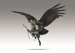  1girl asterisk_kome bird_tail bird_wings black_hair black_wings brown_eyes commentary_request dark-skinned_female dark_skin flying gloves grey_background gun highres holding holding_gun holding_weapon low_wings marut_(winged_fusiliers) military short_hair signature simple_background tagme tail weapon weapon_request winged_fusiliers wings 