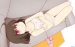  1girl absurdres ahoge artist_name brown_hair commission couch eyebrows_visible_through_hair highres linne looking_at_viewer lying navel on_back once_11h panties red_eyes short_hair solo under_night_in-birth underwear white_panties 