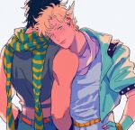  2boys battle_tendency black_hair blonde_hair caesar_anthonio_zeppeli crop_top facial_mark feather_hair_ornament feathers fingerless_gloves fuku_(r-i-h-o) gloves green_scarf hair_ornament jojo_no_kimyou_na_bouken joseph_joestar joseph_joestar_(young) male_focus midriff multicolored_clothes multicolored_scarf multiple_boys scarf striped striped_scarf vertical-striped_scarf vertical_stripes yellow_scarf 