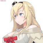  1girl black_hairband blonde_hair blue_eyes blush braid breasts cleavage closed_mouth crown cypress dress flower french_braid hair_between_eyes hairband jewelry kantai_collection large_breasts long_hair mini_crown necklace off-shoulder_dress off_shoulder portrait red_flower red_ribbon red_rose ribbon rose simple_background smile solo twitter_username warspite_(kancolle) white_background white_dress 