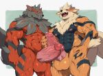  abs anthro arcanine balls big_muscles big_penis black_body black_fur black_nose blush bodily_fluids canid canine duo erection fangs fur genital_fluids genitals grey_body grey_fur hand_on_penis hi_res hisuian_arcanine kuroma looking_at_viewer male male/male mammal masturbation muscular muscular_anthro muscular_male navel neck_fur neck_tuft nintendo nipples open_mouth orange_body orange_fur pecs penis pok&eacute;mon pok&eacute;mon_(species) precum red_body red_fur regional_form_(pok&eacute;mon) standing tongue tuft vein veiny_muscles veiny_penis video_games white_body white_fur 
