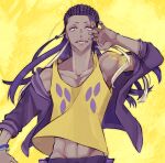  1boy arm_tattoo blonde_hair bracelet collarbone cornrows dark-skinned_male dark_skin ear_piercing hand_up highres jacket jewelry long_hair looking_at_viewer male_focus navel open_mouth personification piercing pokemon purple_hair purple_nails ring saikachimushi shirt simple_background standing tattoo toxtricity yellow_background yellow_shirt 