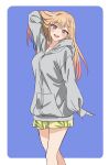  1girl absurdres barbell_piercing bare_legs blonde_hair blue_background blush ear_piercing earrings fake_nails grey_hoodie hand_in_hair highres hood hoodie jewelry kitagawa_marin multicolored_hair official_art outline piercing pink_hair red_eyes round_teeth sono_bisque_doll_wa_koi_wo_suru teeth tongue white_outline yamazakijun 