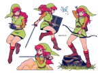  1girl arrow_(projectile) blue_eyes bomb boots bow_(weapon) breasts fairy genderswap genderswap_(mtf) green_headwear hat highres link_(shounen_captain) long_hair long_sleeves mochiwei pink_hair pointy_ears rapier red_hair shield solo sword the_legend_of_zelda the_legend_of_zelda_(nes) tunic weapon white_background 