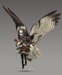  1girl absurdres arrow_(projectile) asterisk_kome bird_tail bird_wings bow_(weapon) brown_hair commentary_request dagger flying grey_background highres knife low_wings orange_eyes quiver short_hair signature simple_background tagme tail traditional_clothes weapon winged_fusiliers wings 