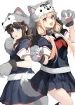  2girls animal_hands black_legwear black_serafuku black_skirt blonde_hair blue_eyes blush braid brown_hair chagen_kokimu eyebrows_visible_through_hair gloves hair_between_eyes hair_flaps kantai_collection kneehighs long_hair multiple_girls neckerchief open_mouth paw_gloves pleated_skirt red_eyes red_neckerchief school_uniform serafuku shigure_(kancolle) shigure_kai_ni_(kancolle) short_sleeves simple_background single_braid skirt smile tail white_background wolf_paws wolf_tail yuudachi_(kancolle) yuudachi_kai_ni_(kancolle) 