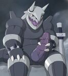  aggron anthro big_penis claws dinosaur erection genitals hi_res horn huge_penis male masturbation melee_weapon nintendo open_mouth penis pinup pok&eacute;mon pok&eacute;mon_(species) pose reptile saurid scalie solo sword taur video_games weapon 