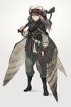  &gt;:( 1girl asterisk_kome bird_tail bird_wings boots brown_hair commentary_request green_pants grey_background gun highres long_hair low_wings military pants rifle simple_background standing tagme tail traditional_clothes v-shaped_eyebrows weapon weapon_request winged_fusiliers wings 
