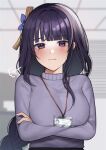  1girl bangs blunt_bangs blurry blurry_background blush braid breasts commentary_request crossed_arms eyebrows_visible_through_hair genshin_impact hair_intakes id_card indoors lanyard large_breasts long_hair looking_at_viewer mole mole_under_eye nerua office office_lady purple_eyes purple_hair purple_sweater raiden_shogun sidelocks signature solo sweater upper_body wavy_mouth 
