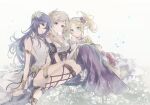  3girls armlet aunt_and_niece blonde_hair blue_hair fire_emblem fire_emblem_awakening fire_emblem_heroes flower hair_flower hair_ornament highres lissa_(fire_emblem) looking_at_viewer lucina_(fire_emblem) multiple_girls official_alternate_costume robin_(fire_emblem) robin_(fire_emblem)_(female) sandals silver_hair sitting smile thighlet twintails user_cwwh3722 