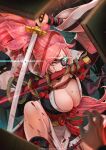  1girl artist_name baiken blood breasts eyepatch guilty_gear guilty_gear_strive highres holding holding_sword holding_weapon japanese_clothes katana large_breasts long_hair looking_at_viewer magion02 mouth_hold one_eye_closed pink_hair sword tatami very_long_hair weapon 