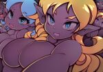  big_breasts blonde_hair blue_eyes blue_hair breasts featureless_breasts female goblin group hair hi_res humanoid humanoid_pointy_ears noise_(artist) open_mouth 