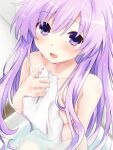  1girl bare_shoulders blush breasts iwashi_dorobou_-r- long_hair looking_at_viewer medium_breasts naked_towel nepgear neptune_(series) open_mouth purple_eyes purple_hair solo towel wet 