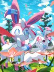  alternate_color blue_eyes blurry blush bright_pupils closed_mouth cloud commentary_request day flower grass highres no_humans orange_flower outdoors petals pink_eyes pokemon pokemon_(creature) shiny_pokemon sky smile standing surumeika_(ninfiiiir) sylveon tree white_pupils 