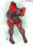  absurd_res big_breasts bottomwear breasts cleavage clothed clothing demon demon_humanoid female garter_straps hi_res humanoid legwear murazaki muscular muscular_female not_furry red_body red_skin skirt solo thigh_highs 