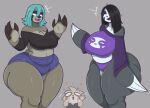  anthro big_breasts blush breasts cass_(mooncheez3) claws clothed clothing curvy_figure duo female female/female fur genitals grey_body grey_fur hair hi_res mammal mehdrawings nella_(sssonic2) pilosan simple_background sloth smile thick_thighs wide_hips xenarthran 