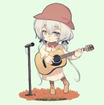  1girl :&gt; acoustic_guitar bangs blue_ribbon boots brown_footwear buttons closed_mouth commentary_request eyebrows_visible_through_hair grey_background grey_eyes grey_hair guitar hair_ribbon hat instrument konno_junko microphone microphone_stand music playing_instrument ribbon short_hair_with_long_locks simple_background solo yoruniyoruyoshi zombie_land_saga 