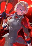  1girl armor armored_dress axe aymr_(fire_emblem) black_gloves cape cowboy_shot dutch_angle edelgard_von_hresvelg fire_emblem fire_emblem:_three_houses fire_emblem_warriors:_three_hopes forehead gloves gradient gradient_background hair_ornament highres holding holding_axe long_hair looking_at_viewer nishikawa_(fe) purple_eyes purple_ribbon red_background red_cape ribbon short_sleeves shoulder_armor solo white_hair 