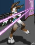  anthro blush catmonkshiro diaper gun hi_res lagomorph laser laser_beam laser_gun leporid male mammal mirror rabbit ranged_weapon reflection solo surprise weapon worried 