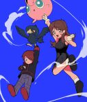 1boy 1girl :d arm_up bangs black_dress black_footwear black_gloves black_jacket blue_background brown_hair closed_mouth commentary_request dress from_below gloves green_(pokemon) grey_eyes grey_pants hand_up highres holding holding_pokemon jacket jigglypuff korean_commentary murkrow open_mouth pants pokemon pokemon_(creature) pokemon_adventures shoes short_hair silber_1224 silver_(pokemon) smile socks teeth tongue upper_teeth white_gloves white_legwear 