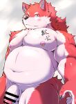  2022 anthro balls belly blush canid canine censored flaccid genitals hi_res humanoid_genitalia humanoid_hands humanoid_penis kemono male mammal moobs musclegut navel nipples penis red_body solo toraya_inugami white_body 