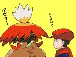  1boy bird black_eyes black_hair blue_jacket closed_eyes closed_mouth commentary_request eating hat highres hisuian_decidueye holding jacket male_focus owl pokemon pokemon_(creature) pokemon_(game) pokemon_legends:_arceus red_headwear red_scarf rei_(pokemon) ryu_gamori scarf short_hair smile yellow_background 