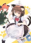  2girls :3 alternate_costume animal_ear_fluff animal_ears blush bow bowtie braid bright_pupils brown_eyes brown_hair cat_ears cat_tail chen corset dress earrings enmaided extra_ears foot_out_of_frame green_dress halo highres jewelry kaenbyou_rin kibisake long_hair looking_at_viewer maid mouse multiple_girls multiple_tails nekomata orange_background paw_pose paw_print paw_print_background pointy_ears red_bow red_bowtie red_eyes red_hair short_hair simple_background single_earring tail touhou twin_braids twintails two_tails white_pupils 