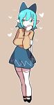  1girl :t alternate_costume aqua_eyes aqua_hair arm_rest beige_shirt black_footwear blue_bow blue_skirt blush bow bright_pupils broken_heart casual cheek_press cirno closed_mouth contemporary crossed_arms eyebrows_visible_through_hair full_body hair_between_eyes hair_bow hand_on_own_arm hand_on_own_cheek hand_on_own_face hand_up head_rest heart heart_necklace holding holding_jewelry holding_necklace holding_own_arm jewelry legs_together long_sleeves looking_at_viewer looking_to_the_side mary_janes necklace no_nose organsoup outline pendant pleated_skirt pointy_ears puffy_long_sleeves puffy_sleeves shirt shirt_tucked_in shoes short_hair simple_background skirt smile solo standing tan_background thighhighs touhou valentine white_legwear white_outline white_pupils zettai_ryouiki 