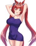 1girl animal_ears armpits arms_behind_head breasts collarbone covered_navel daiwa_scarlet_(umamusume) eyebrows_visible_through_hair garukichi highres horse_ears horse_girl horse_tail large_breasts long_hair looking_at_viewer one-piece_swimsuit red_eyes red_hair solo swimsuit tail twintails umamusume 