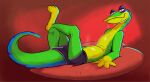  1:1 2022 5_fingers anthro bodily_fluids bulge clothed clothing crossed_legs fingers gex_(series) gex_the_gecko lizard looking_at_viewer lying male mostly_nude narrowed_eyes on_back pillow pose reptile scalie sharkvore smile solo sweat underwear underwear_only video_games 