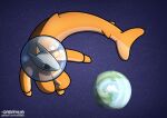  anthro armor astronaut big_eyes black_eyes chibi clothed clothing cloud earth fish glass grey_body headgear helmet male marine orange_cothing orbitalis planet shark simple_background space spacesuit star 