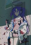  1girl absurdres belt blood blood_on_clothes blood_on_face blue_archive breasts cellphone gun halo highres holding jacket long_hair mia_(39565899) necktie off_shoulder phone pleated_skirt purple_eyes purple_hair sig_sauer sig_sauer_mpx skirt smartphone solo submachine_gun weapon yuuka_(blue_archive) 
