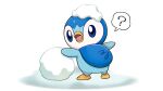  ? blue_eyes commentary_request creature from_behind looking_back no_humans official_art open_mouth outstretched_arms piplup pokemon pokemon_(creature) project_pochama snow snowball solo spoken_question_mark standing tongue white_background 
