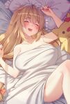  1girl :d ahoge akai_haato bangs blonde_hair blush breasts closed_eyes commentary_request drooling eyebrows_visible_through_hair haaton_(akai_haato) highres hololive large_breasts light_particles long_hair lying magowasabi mouth_drool on_back pillow red_nails signature sleeping smile solo thighhighs translation_request twitter_username under_covers very_long_hair virtual_youtuber 