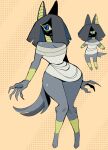  2022 4_fingers anthro anubian_jackal armwear barefoot biped blue_eyes canid canine canis clothed clothing digital_media_(artwork) dress egyptian_mythology feet female fingers full-length_portrait fur genitals grey_body grey_hair hair hair_over_eye hi_res jackal mammal middle_eastern_mythology mythology one_eye_obstructed portrait puppychan48 simple_background solo standing tail_tuft thick_thighs tuft white_clothing white_dress wide_hips yellow_armwear yellow_background yellow_clothing yellow_inner_ear 