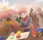  1girl 2boys akari_(pokemon) beanie berry_(pokemon) black_shirt closed_mouth commentary_request dark-skinned_male dark_skin day grey_jacket hat highres hisuian_decidueye holding jacket labcoat laventon_(pokemon) logo looking_down multiple_boys oran_berry outdoors poke_ball poke_ball_(legends) pokemon pokemon_(creature) pokemon_(game) pokemon_legends:_arceus purple_headwear red_headwear red_scarf rei_(pokemon) ryu_gamori scarf shirt short_hair smile vest 