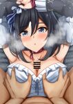  1boy 1girl armpits arms_up bangs bar_censor black_hair blouse blue_eyes blue_ribbon blush breast_grab breasts censored choker cleavage collarbone commentary_request cum detached_sleeves dirndl eishin_flash_(umamusume) ejaculation eyebrows_visible_through_hair german_clothes grabbing hair_between_eyes hair_ribbon hetero highres horse_girl large_breasts looking_at_viewer lying on_back open_mouth paizuri paizuri_under_clothes projectile_cum red_choker ribbon shokan short_hair steaming_body umamusume upper_body white_blouse 