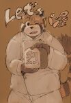  2022 absurd_res ailurid anthro aotadobukitch biped bread brown_body clothed clothing food hi_res humanoid_hands japanese_text kemono male mammal one_eye_closed orange_body red_panda slightly_chubby solo text wink 