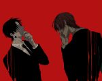  2boys black_hair blood chrollo_lucilfer earrings formal hand_up highres hisoka_morow hunter_x_hunter jewelry male_focus marumeco8 multiple_boys red_background red_hair red_theme smirk suit 