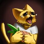  absurd_res anthro bethesda_softworks bodily_fluids clothed clothing crying crying_cat felid female food fruit fur hi_res holding_object katia_managan khajiit mammal meme open_mouth pineapple plant prequel simple_background solo teabrodraws tears the_elder_scrolls video_games webcomic yellow_body yellow_fur 