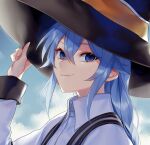  1girl absurdres adjusting_clothes adjusting_headwear bangs blue_eyes blue_hair blue_sky braid cloud crimsonknigh_t crossed_bangs hair_between_eyes hat highres light_smile long_hair looking_at_viewer mushoku_tensei roxy_migurdia sky tsurime twin_braids witch_hat 