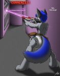  anthro butt canid canine canis catmonkshiro diaper english_text gun hi_res laser laser_beam laser_gun male mammal mirror ranged_weapon reflection shooting solo text weapon wolf 
