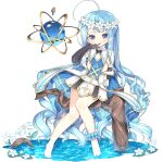  1girl :q ahoge ankle_scrunchie ark_order bangs bare_legs black_bow black_gloves blue_hair blue_scrunchie bow branch choker daisy dress elbow_gloves faux_figurine flower frilled_choker frills full_body gloves hair_flower hair_ornament head_wreath long_hair looking_at_viewer official_art orb pointy_ears scrunchie sitting solo tachi-e tongue tongue_out transparent_background tsukimi_(xiaohuasan) very_long_hair vivian_(ark_order) water wavy_hair white_dress white_flower 