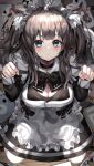  1girl absurdres animal_ear_fluff animal_ears apron bangs black_bow black_bowtie black_choker black_hair blue_eyes blush bow bowtie breasts cat_ears choker cleavage clenched_hands d: eyebrows_visible_through_hair full_body highres indol large_breasts long_hair long_sleeves looking_at_viewer maid maid_headdress open_mouth original sitting solo two_side_up v-shaped_eyebrows white_apron 
